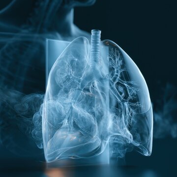 Transparent human lungs with detailed bronchial tree and smoke surrounding, symbolizing respiratory health and the impact of environmental factors