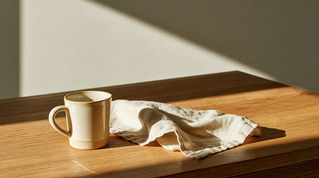 Still life photograph empty ceramic mug and crumpled linen cloth