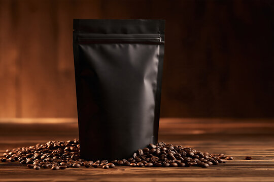 Black coffee pouch bag on wooden table with roasted coffee bean pile and warm lighting