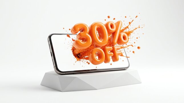 Orange 30% off discount sign popping out of smartphone screen. 3D liquid splash sale promotion on mobile phone. Digital marketing offer.