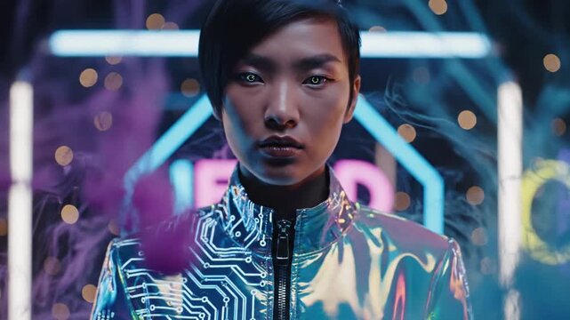 Futuristic AI woman with glowing eyes in circuit board jacket looks intently at camera