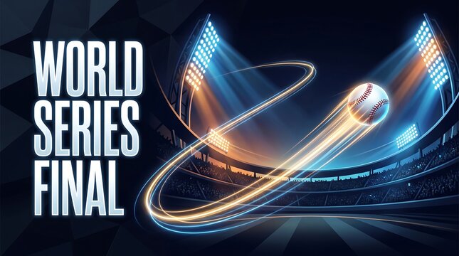 Cinematic World Series Final Baseball Stadium Background with Flying Ball and Bright Floodlights for Sports Events