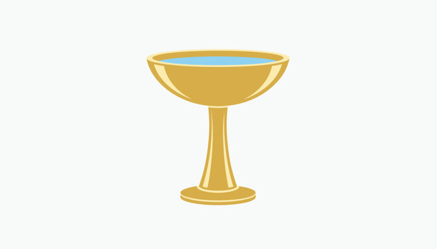 Ancient golden chalice cup filled with clear blue water representing the holy grail or a victory trophy cup icon.