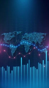 Glowing world map financial bars, market trading figures dashboard. global finance, stock markets, economic forecasts, business analytics, investment reports, forex trading, international commerce.