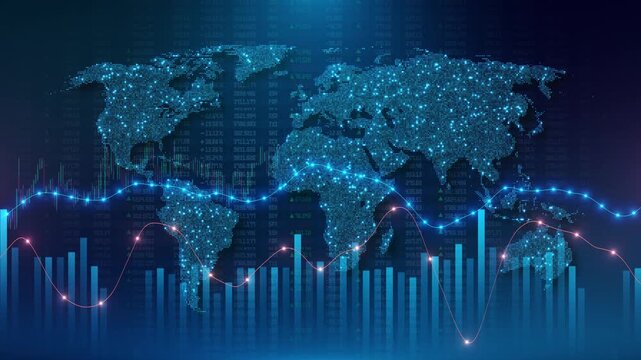 Digital charts global map rising market curves. financial technology, market volatility, economic research, portfolio analysis, trading dashboards, global growth, corporate strategy business news.