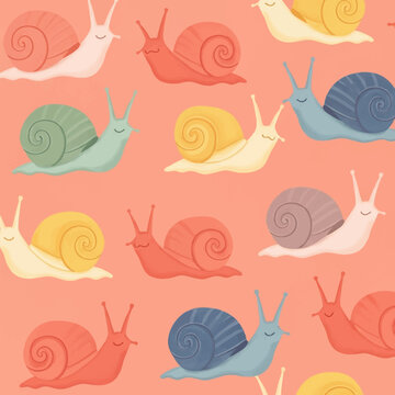 Hand-drawn seamless pattern featuring whimsical snails with spiral shells in varied colors including coral, light blue, yellow, and green set against a solid peach background.