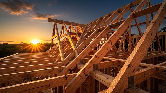 Wooden roof trusses of house under construction against dramatic sunset sky symbolizing building a home and real estate development.