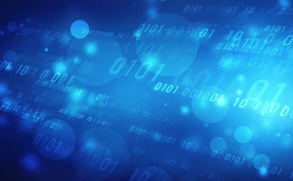 Digital technology background concept with Flowing binary Codes, 
Abstract Blue background featuring binary code stream with glowing blue digital numbers flowing across screen representing information