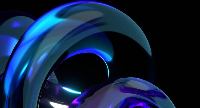 Glossy blue and purple liquid forms futuristic abstract shapes on a dark background