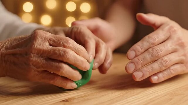 Senior hands molding green putty on wooden table with caregiver