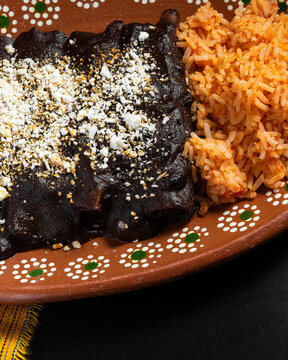 Traditional Mexican Enchiladas With Mole Sauce and Rice on Talavera Plate