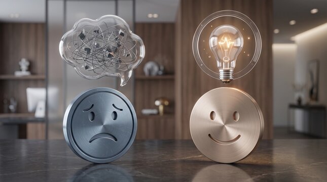Emotional concept representing mood change with sad and happy metallic faces and glowing light bulb sad face mental health metal tokens innovation thinking