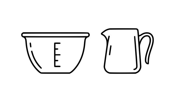 Line art icons of a measuring cup and a small pouring pitcher with kitchen tools baking utensils liquid container black outline cooking equipment measuring jug creamer pitcher