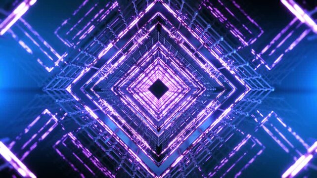 Neon diamond frames into corridor built electronic structures. science fiction titles, metaverse scenes, digital concerts, nightclub screens, VJ , logo reveals, fashion promos creative transitions.