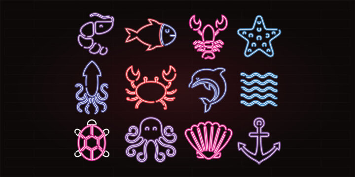 Neon sea life icon set, 12 glowing seafood and ocean animal vectors. Pink and blue nautical symbols for restaurant menus and signage.