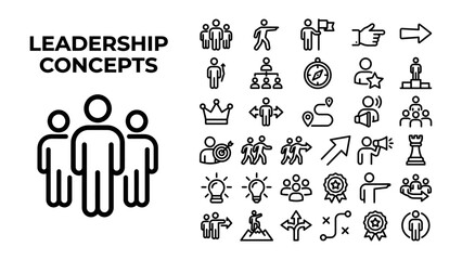 Obraz premium Leadership Concepts Icons: A collection of stylized icons representing various leadership concepts, including teamwork, direction, strategy, and motivation, presented with clear typography.