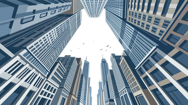 Low Angle Perspective of a Modern Cityscape Vector Illustration Looking Upward at Skyscrapers and Office Buildings Against a Pale Sky with Small Birds Flying Between the Urban Towers