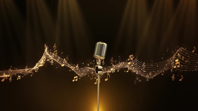 Gold waves music retro microphone dramatic theater lighting. vocal performances, jazz events, recording studios, audio branding, music festivals, lyric broadcasts, auditions, stage presentations.