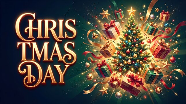 Festive Christmas Day Banner with Golden 3D Text, Decorated Evergreen Tree, Floating Gift Boxes, and Magical Sparkling Lights on Dark Background