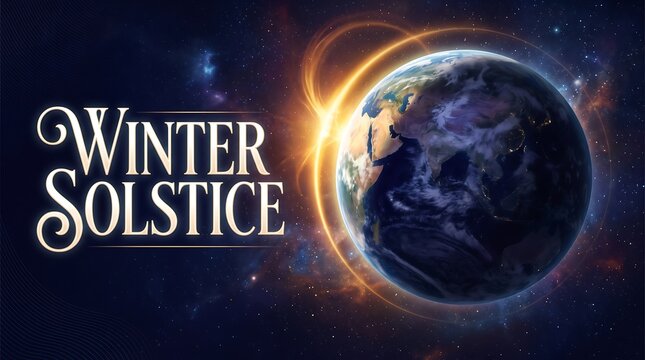 Winter Solstice Astronomical Concept Featuring Earth from Space with Glowing Sun Flare Background for Seasonal December Celebration Typography