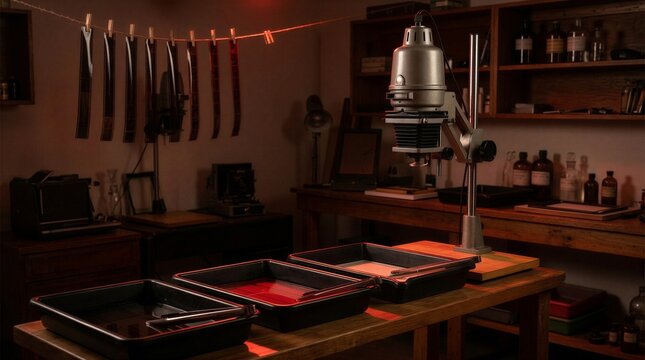 Traditional photography darkroom with photo enlarger and chemical developing trays