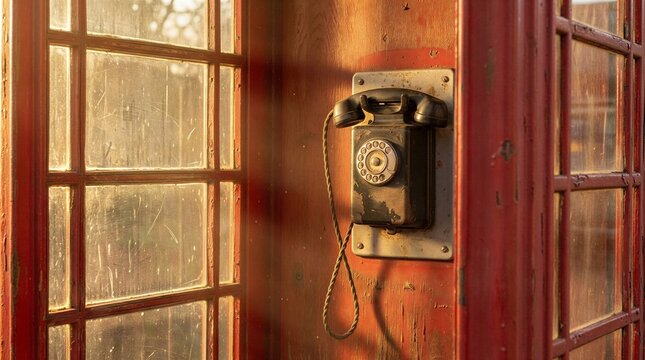 Classic black rotary telephone mounted in red phone booth with warm sunlight