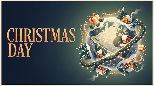 Global Christmas Day Concept Illustration Featuring Earth Globe Decorated with Gift Boxes, Winter Houses and Festive Golden Lights