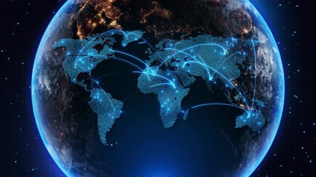 Routes cross world map planet Earth in space. global logistics, chains, international trade, aviation shipping networks, migration, tourism, finance, distribution worldwide transportation stories.