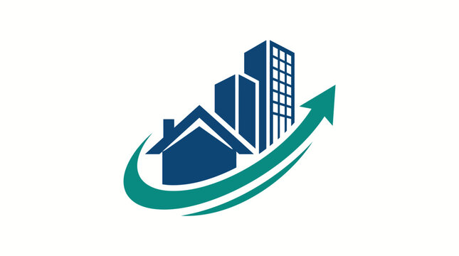 Real estate logo design with blue house, skyscrapers, and green rising arrow