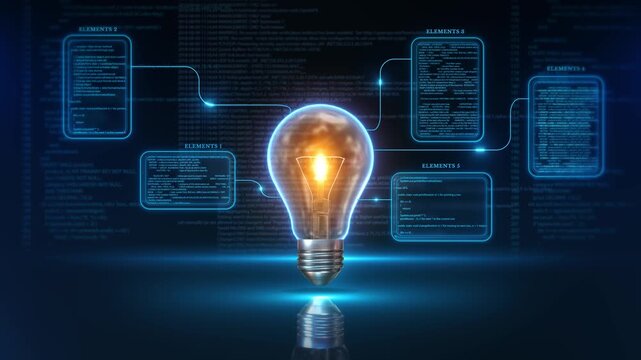 Bright bulb appears amid code ideas technology. programming education, startup innovation, creative thinking, problem solving, research, invention, engineering, app development digital transformation.