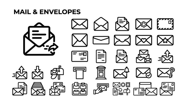 Mail and Envelopes Icons: A comprehensive collection of line art icons representing various aspects of mail and envelopes, including letters, post boxes, and postage symbols.