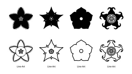 Fototapeta premium Floral Emblems: A collection of stylized floral emblems, presented in both solid black and line art variations, showcasing intricate petal designs and central motifs.