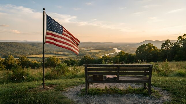 American flag waving proudly in the breeze with a scenic overlook and bench