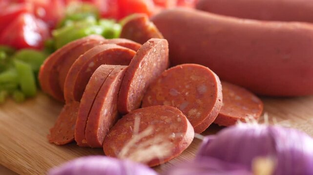 Slow motion close up of sliced spicy sucuk sausage with fresh vegetables on wooden cutting board