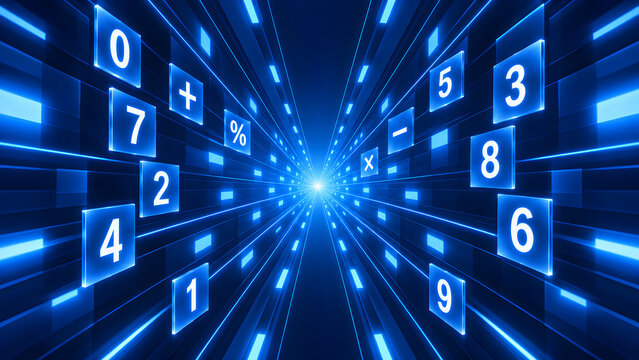Digital numbers and math symbols in a futuristic blue tunnel