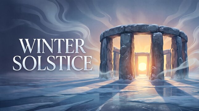 Winter Solstice Celebration at Stonehenge, Ancient Stone Circle in Snowy Winter Landscape with Rising Sun, Seasonal Pagan Holiday Illustration