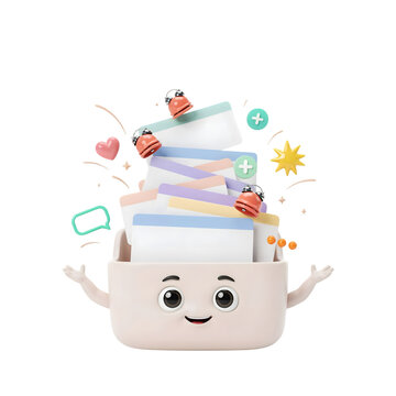 3D render of a cute cartoon inbox character overflowing with messy documents, colorful folders, and floating notification icons on a white background
