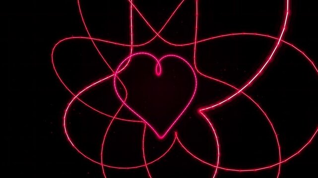 Abstract red neon glowing line animation with swirling light trails and heart shape outlines looping on a dark background with grid patterns