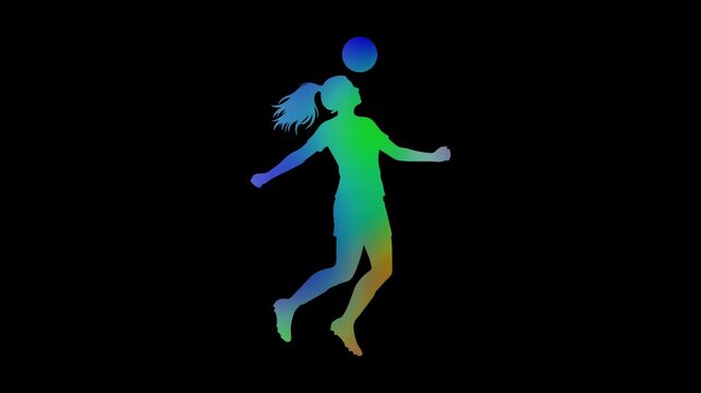 Colorful abstract patterns of soccer heading by a female athlete, alpha channel, looping