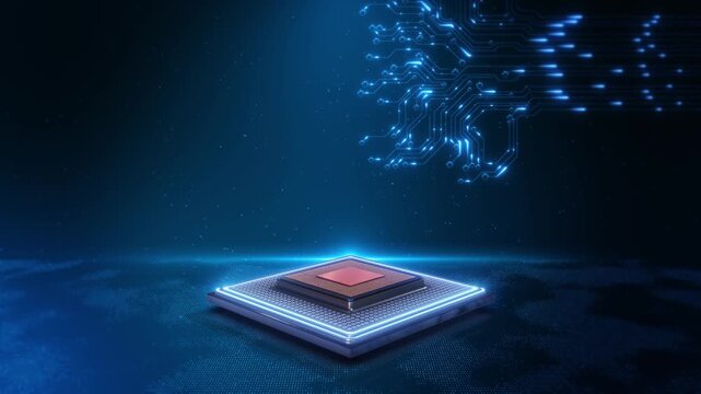 Modern processor flowing circuit traces background copy space. AI acceleration, edge computing, electronics, chip design, automation, data centers, robotics, software, engineering presentations.