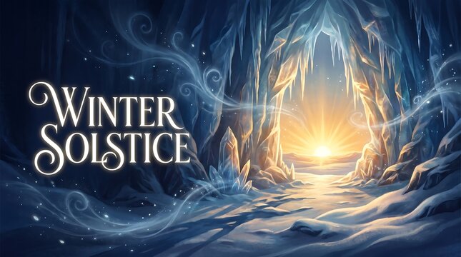 Magical Winter Solstice Illustration Featuring a Glowing Sunrise Inside a Frozen Ice Cave with Elegant Typography for Seasonal Celebration