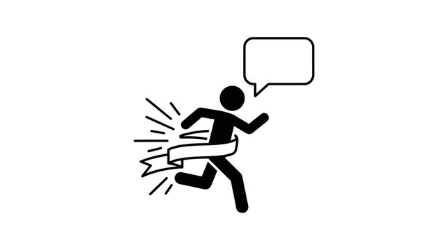 Stick figure runner crossing finish line with speech bubble.