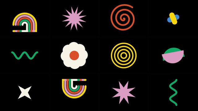 Animated retro abstract shape elements spinning on a black background with colorful vintage geometric icons rotating in a seamless flat loop