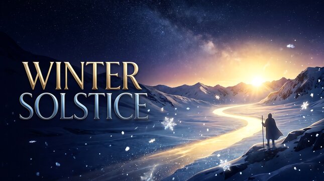 Epic Winter Solstice Concept Art with Mysterious Traveler, Glowing River in Snow Mountains under Starry Night Sky and Golden Sunrise