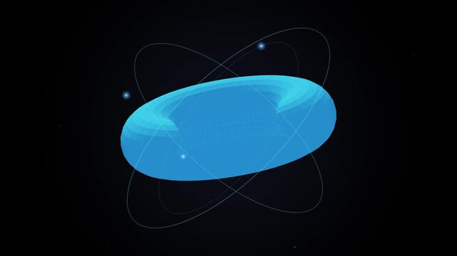 Rotating blue 3D torus model with glowing circular orbital rings and shining light particles spinning on a seamless looping black background