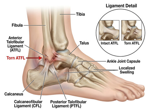 Anatomical illustration of torn anterior talofibular ligament injury isolated on white background