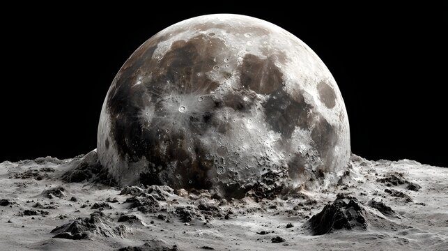 Full moon partially buried in rocky lunar terrain against black space background.