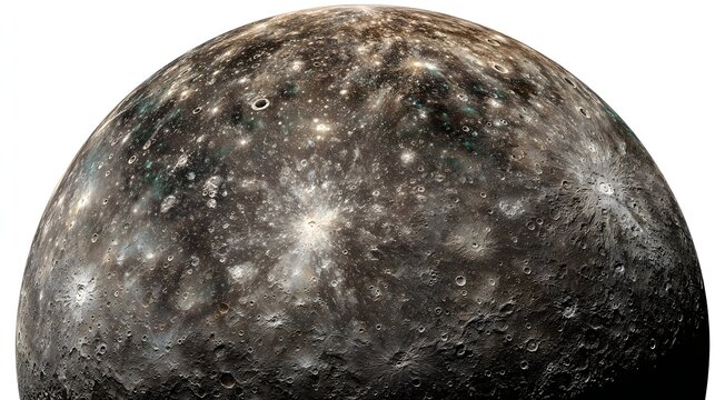 High detailed view of Mercury planet sphere showing bright ray craters on dark background.