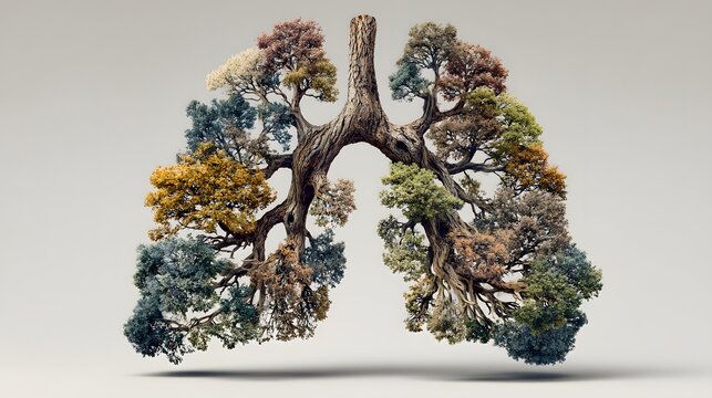 Conceptual human lungs shaped from colorful forest trees on neutral background.