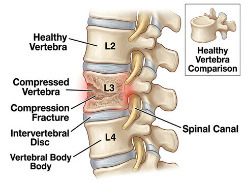 Compression fracture in lumbar vertebra l3 medical illustration isolated on white background
